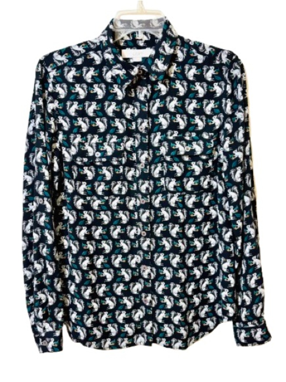 LOFT Novelty Squirrel Acorn Print Long Sleeve Button Down Blouse - Small
